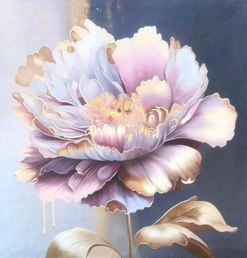 A detailed painting of a large, pastel-colored peony flower with layered petals in shades of white, pink, and light purple, with gold accents on some edges, set against a dark background.