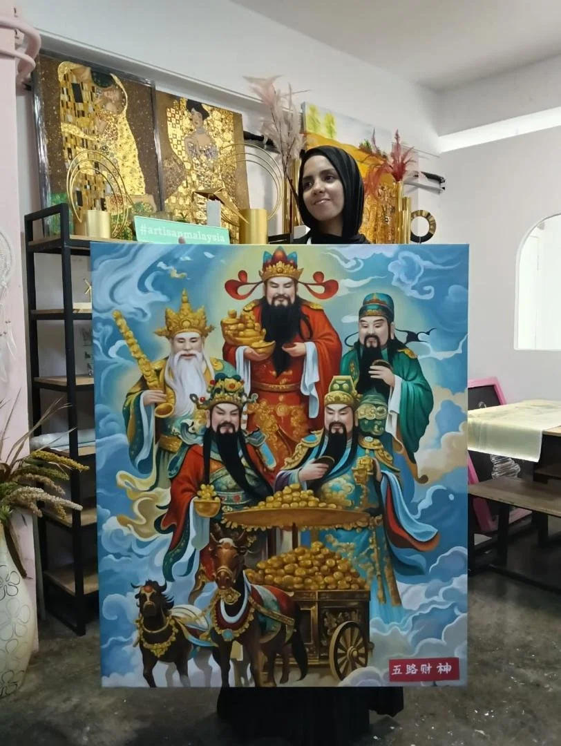 Woman holding a colorful painting of Chinese gods associated with wealth, featuring a cart filled with gold coins, set against a background of clouds and sky.
