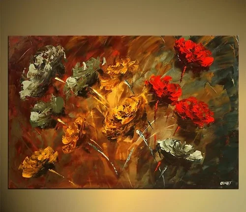 Abstract painting of red and yellow flowers with green and dark background.