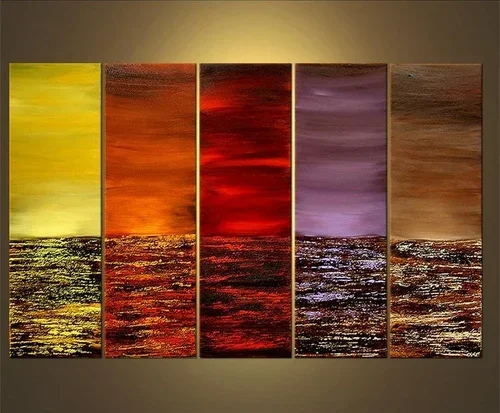 Five abstract landscape paintings with sunset color schemes, ranging from yellow to purple to brown, hung side by side.
