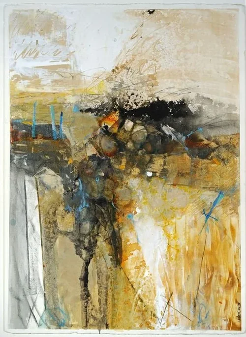 Abstract painting with muted earth tones, black, and hints of blue, depicting a chaotic and layered composition.