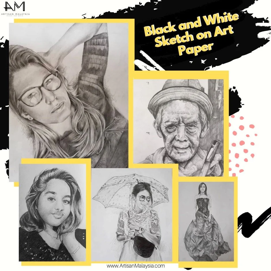 A collage of five black and white sketches of women, arranged with yellow borders and a black background with pink polka dots. Text reads 'Black and White Sketch on Art Paper'.