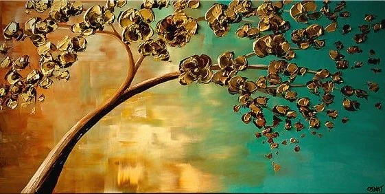 A painting of a tree with golden leaves against a background of blended orange, yellow, and blue hues.