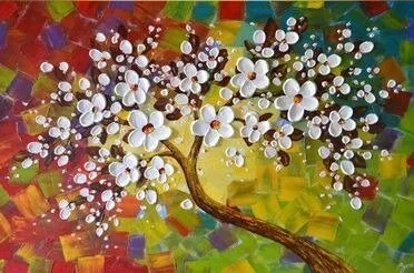 Abstract painting of a blossoming tree with white flowers against a colorful mosaic background.