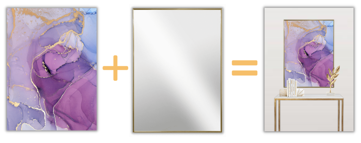 An art print with purple, blue, and gold abstract swirls, a gold-colored mirror, and a decorated table with a mirror and decor items creating a combined decorative wall display.