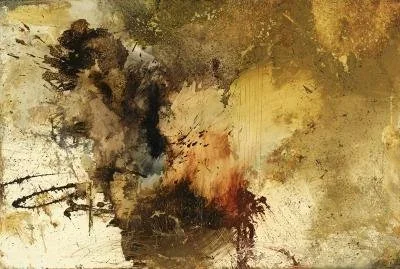 Abstract watercolor painting with black, brown, and gold tones.