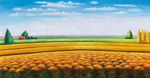 Painting of a vibrant countryside landscape with colorful fields of flowers, trees, and a blue sky with clouds.