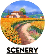 A scenic landscape with a winding dirt path through a field of yellow flowers leading to a house surrounded by trees and mountains in the background.