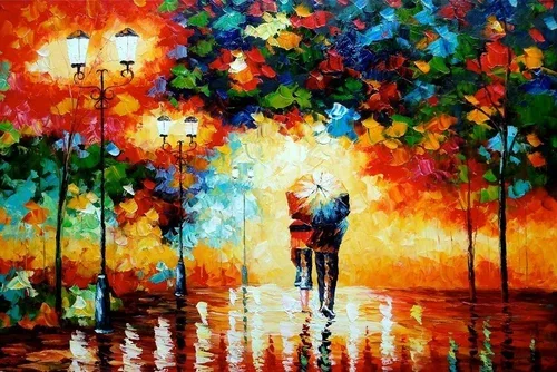 Impressionist painting of a couple walking under an umbrella in a park with colorful trees and street lamps, reflecting on a wet pathway.