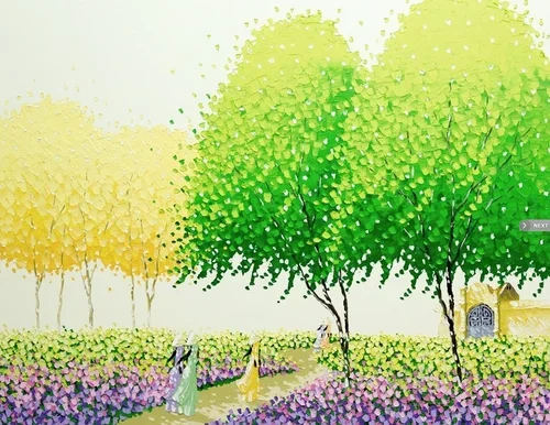 A watercolor painting of a garden with colorful trees and flowers, and two women walking along a path.