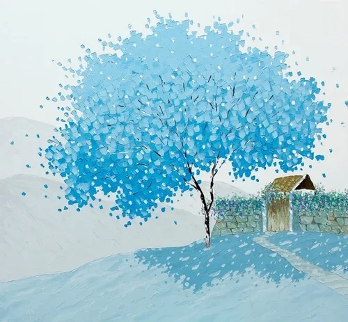 A painting of a blue-leaved tree with a small house in the background, set in a snowy landscape.