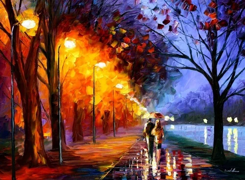 Painterly scene of a park at dusk with a pathway lit by street lamps. Autumn trees with colorful leaves line the path, and a couple walks together near a body of water.