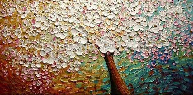 Abstract painting of a tree with white blossoms and a brown trunk, against a colorful background with green, pink, and purple hues.