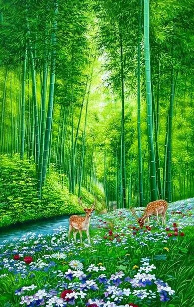 A lush green bamboo forest with a small river running through it. Two deer are grazing among colorful wildflowers on the forest floor.
