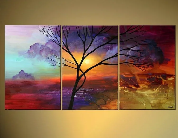 Three-panel painting of a sunset with a silhouetted tree, colorful sky, clouds, and water.