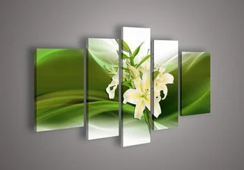 A multi-panel wall art display featuring white lilies with green leaves against a vibrant green background.