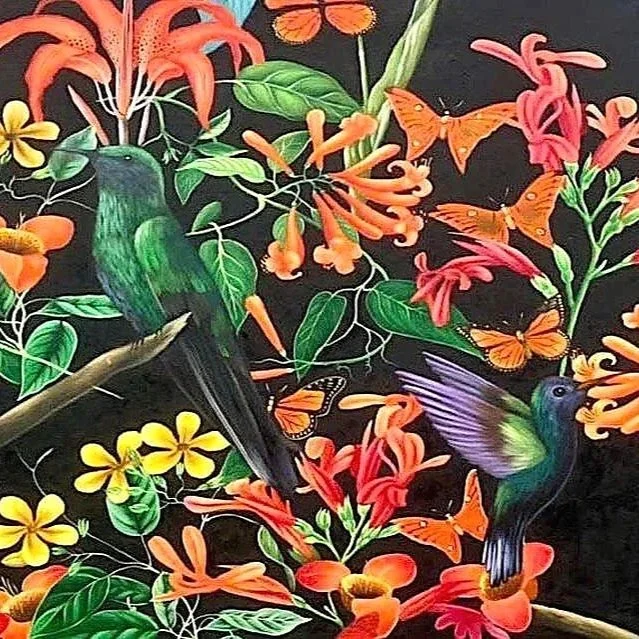 Colorful painting featuring hummingbirds, butterflies, and vibrant flowers on a black background.