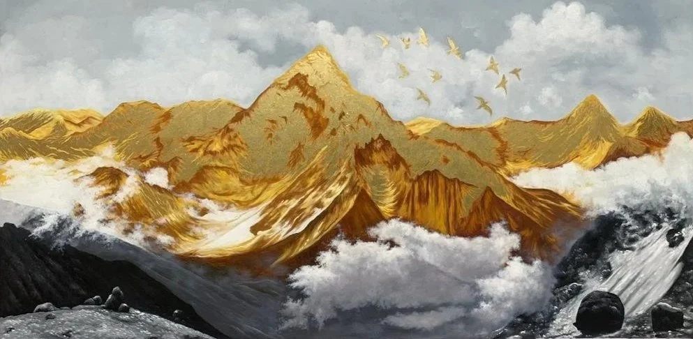 Painting of a mountainous landscape with snow-capped peaks, clouds, and a flock of birds flying.