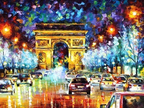 Night scene of a busy street leading to the Arc de Triomphe, illuminated with colorful lights and reflections on the wet pavement, cars driving along the road