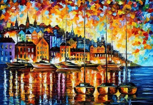 Colorful impressionist painting of a harbor with sailboats and city buildings under a vibrant sunset sky.