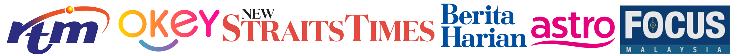 Collection of various newspaper and media outlet logos, including 7m, OK! Magazine, New Straits Times, Berita Harian, Astro, Focus Malaysia, and Straits Times.