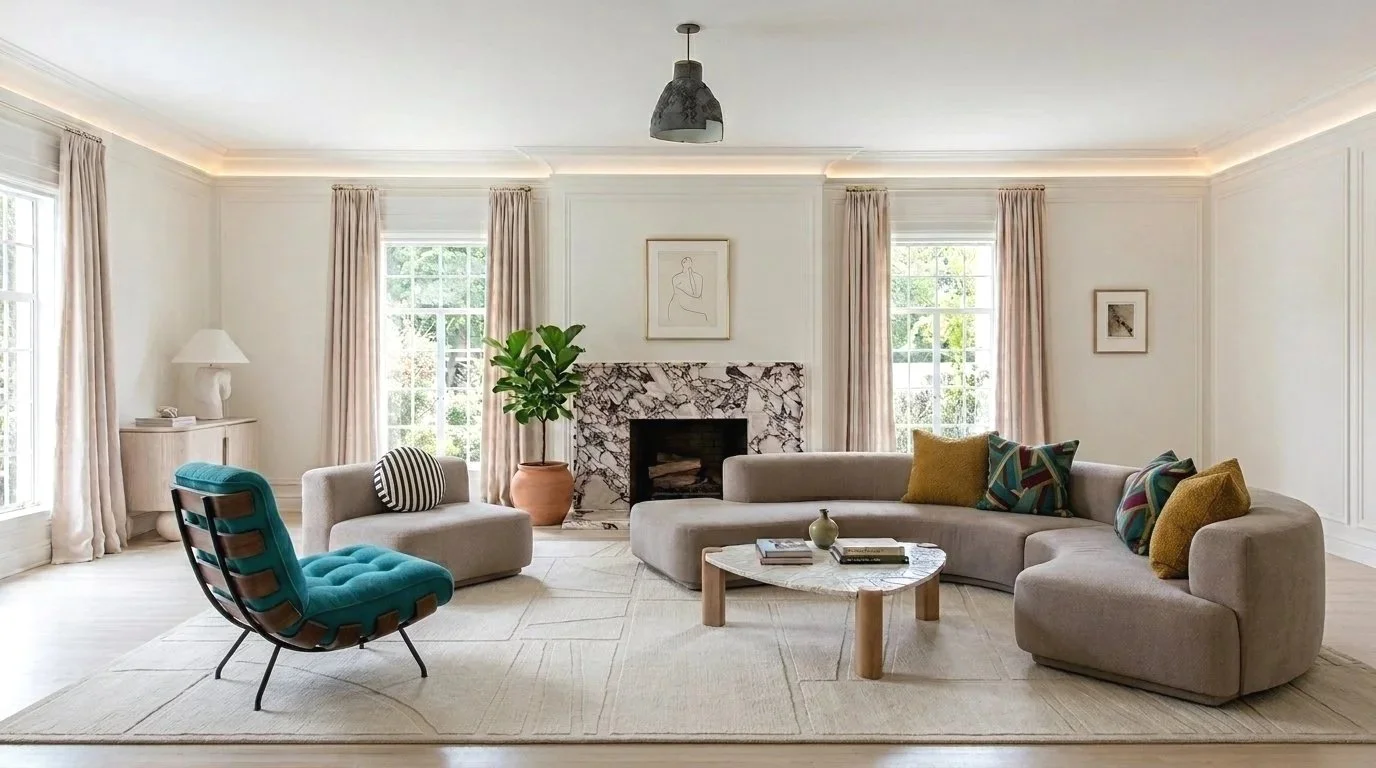 Bright living room with beige sectional sofa, colorful pillows, a teal lounge chair, a round marble coffee table, a fireplace with marble surround, and large windows with beige curtains.