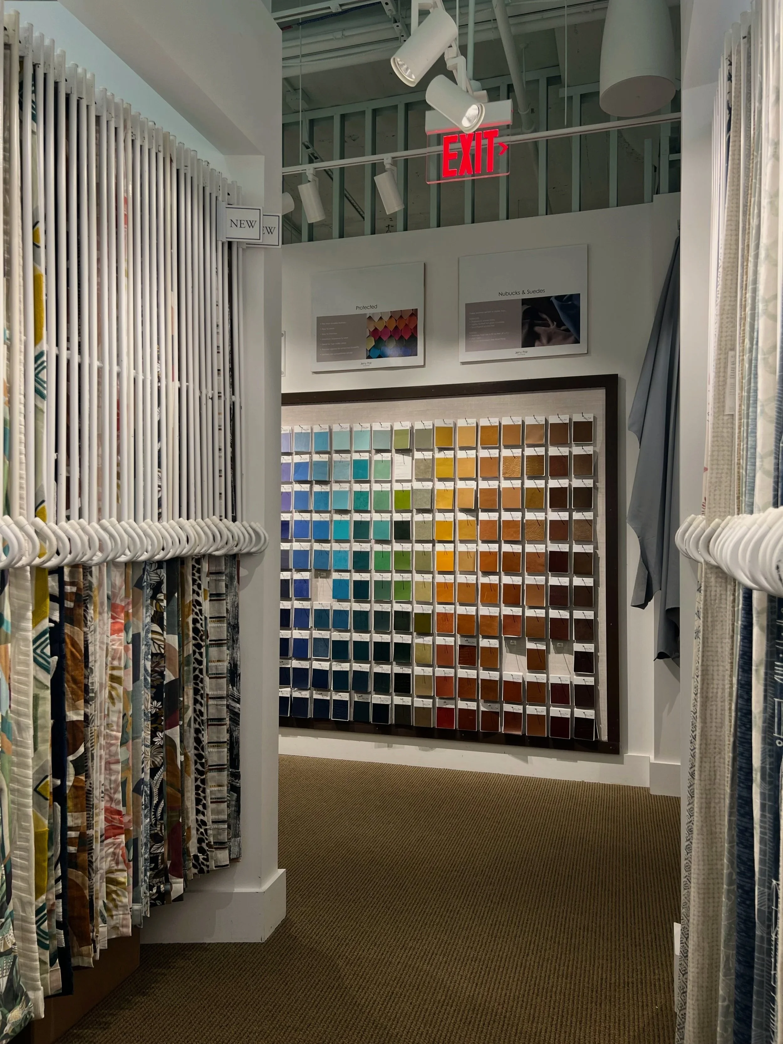 Display of fabric and paint samples in a home decor store