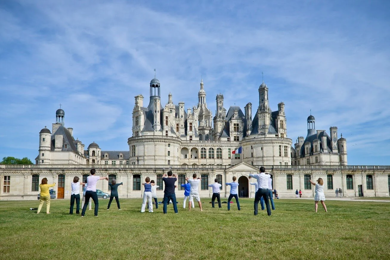 Un groupe de personnes debout sur un champ vert devant un château magnifique avec une architecture complexe et des toits pointus, sous un ciel bleu avec quelques nuages.