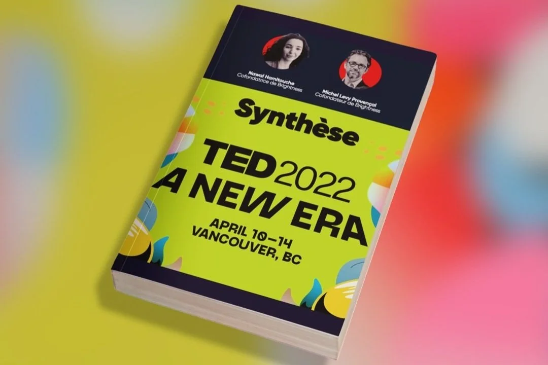 Couverture d'un livre ou programme pour la conférence TED 2022 à Vancouver, BC, du 10 au 14 avril. Photo de deux orateurs, Nawel Hamouche et Michel Lemy Provensal, avec leurs noms et descriptions.