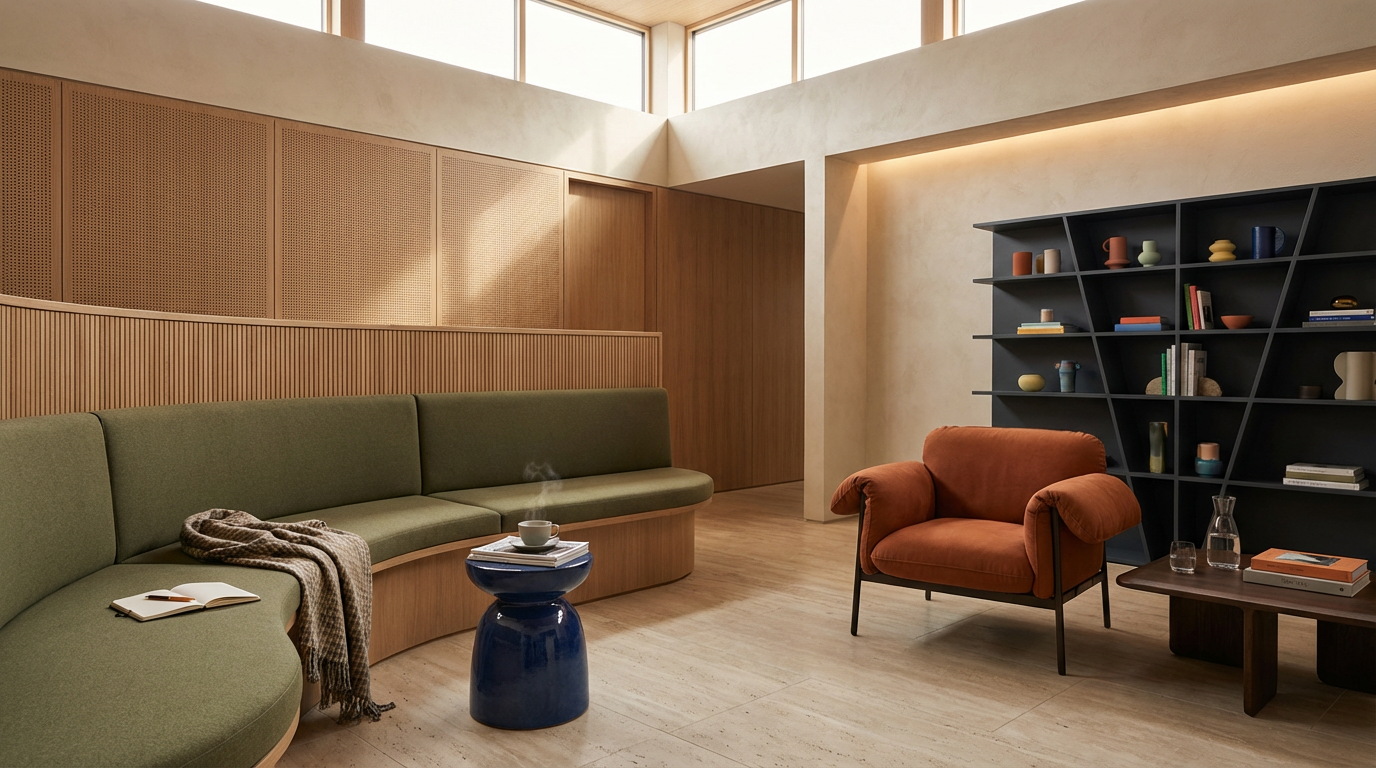 A modern living room with a curved green sofa, an orange armchair, a black triangular bookshelf filled with decorative items and books, a wooden coffee table, and a small blue side table with a steaming cup and magazines. Natural light comes through large windows at the top.