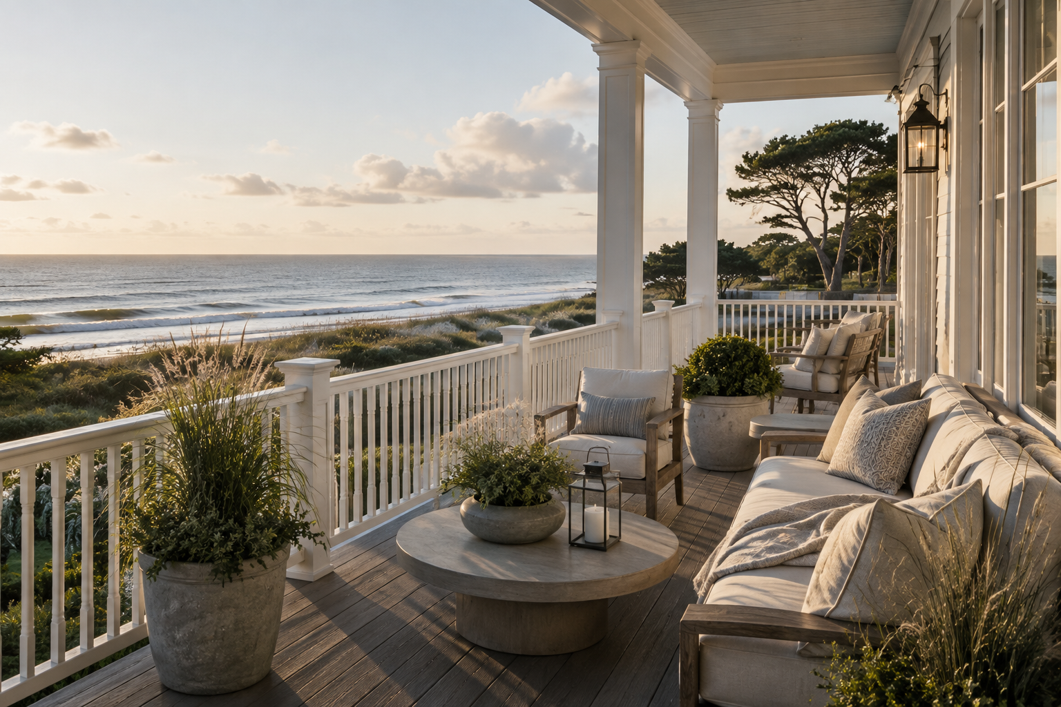 A porch overlooking the beach at sunset with outdoor furniture, potted plants, and a white railing.