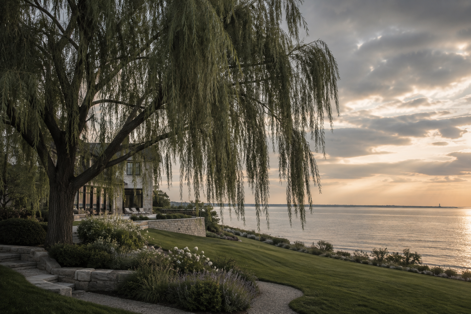 A lakeside backyard with a large willow tree, a stone patio, well-manicured lawn, flowering bushes, and a house in the background. The sun is setting, casting a golden glow on the water and sky.
