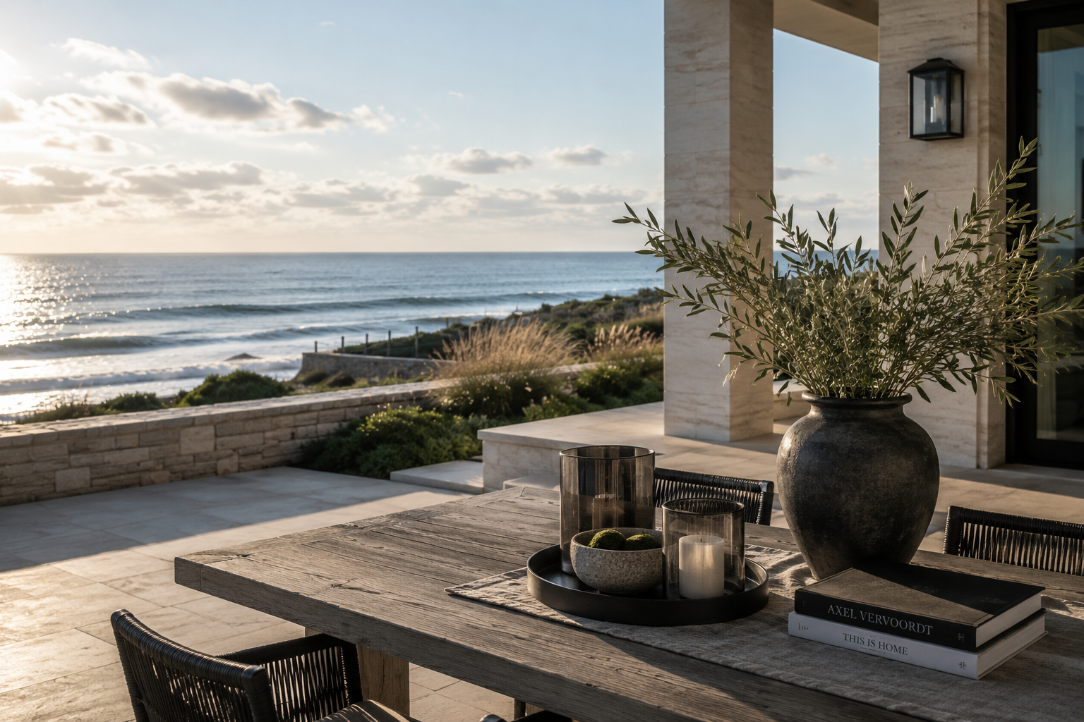 Outdoor patio table with decorative items and books, overlooking the ocean at sunset