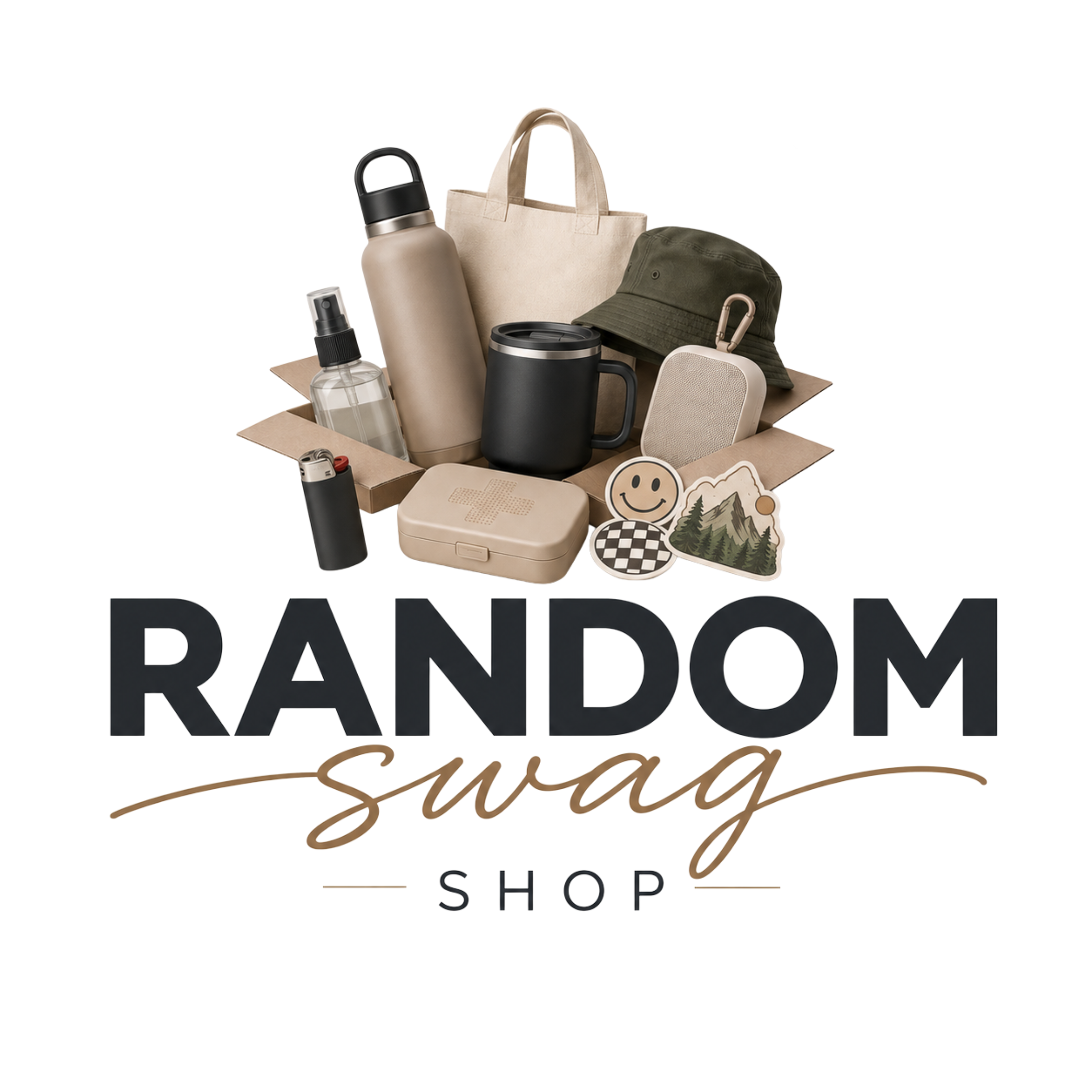 Printed logo for Random Swag Shop, featuring random merchandise, water bottle, a smiley face sticker, and text in a mix of black and brown colors.