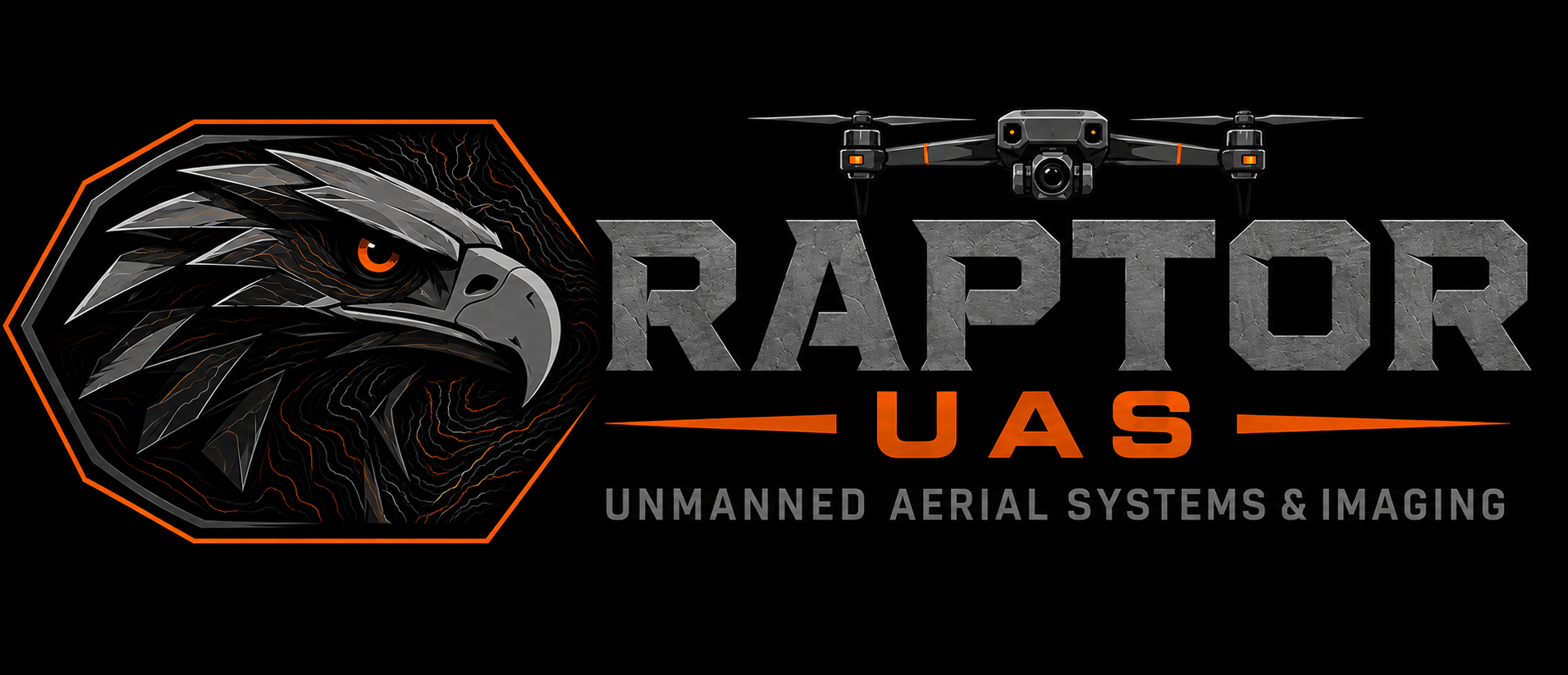 Logo for Raptor UAS featuring a stylized eagle head in black, gray, and orange, with a small drone above the word 'RAPTOR' and the phrase 'UNMANNED AERIAL SYSTEMS & IMAGING' below.