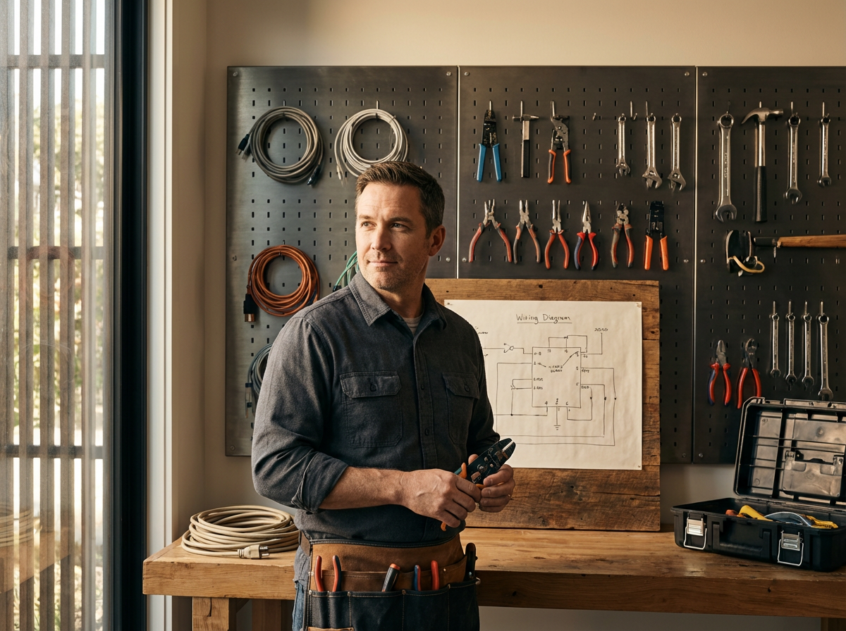 A man standing in a workshop with various tools hanging on a pegboard behind him and a wiring diagram on a wooden board. The man is holding a multimeter and has tools in his belt. There is a window on the left letting in natural light.