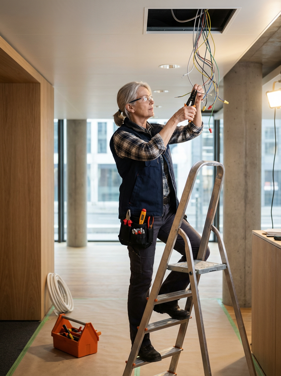 A woman on a ladder working on electrical wiring in an indoor space with large windows.