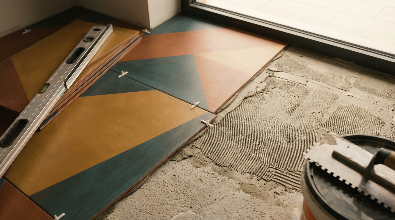 Colorful geometric tiles being installed on a floor near a sliding glass door, with a level tool and a notched trowel nearby.