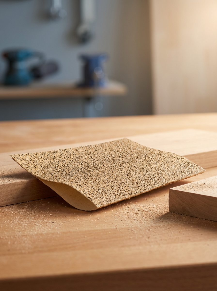A piece of sandpaper on a wooden work surface.