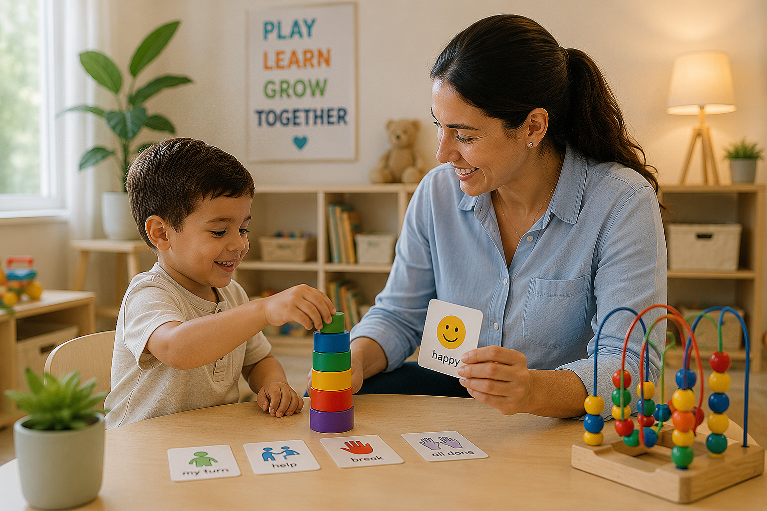 A young boy and a woman are engaging in a learning activity at a table with educational cards and a stacking toy. The boy smiles as he stacks colored rings, and the woman holds a card with a smiley face and the word 'happy'. The room has a bookshelf with books, a framed poster that says 'PLAY LEARN GROW TOGETHER', a lamp, and a potted plant.
