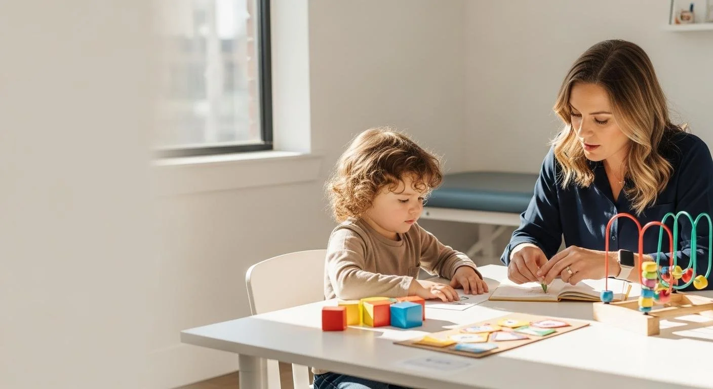 A young woman and a child sitting at a table with educational toys and cards, engaged in a learning activity in a brightly lit room.