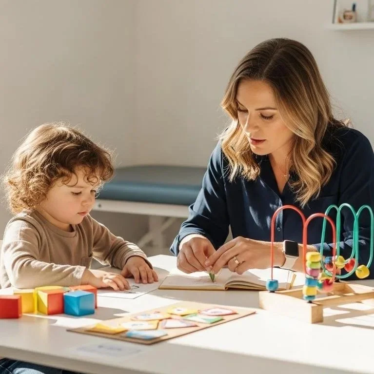 A woman and a young girl sitting at a table engaging in educational activities. The table has colorful wooden blocks, flashcards, and a bead maze toy.