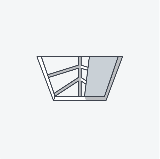 Geometric drawing of an outline square with sections divided by vertical, horizontal, and circle lines.