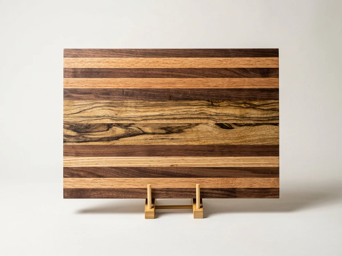 Rectangular striped wood serving board displayed on a small wooden stand