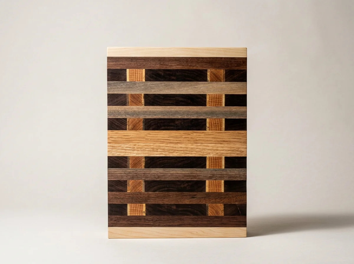 Decorative rectangular wood wall panel with layered horizontal strips in light, medium, and dark wood tones