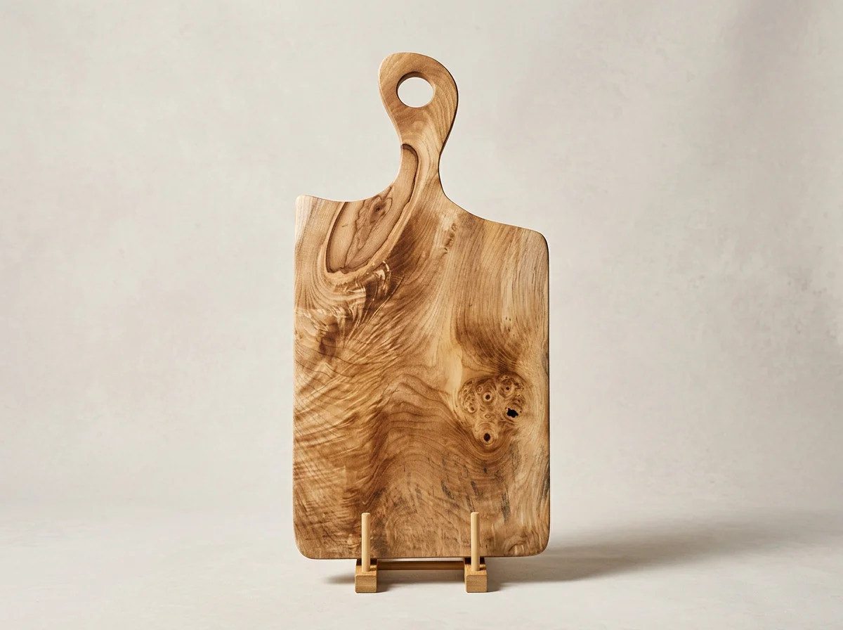 Handcrafted wooden serving board with a handle and hanging hole, displayed on a small stand