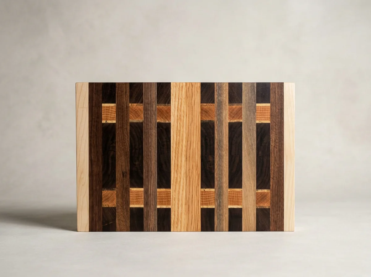 Rectangular decorative wood panel featuring vertical strips of contrasting dark and light wood grain.