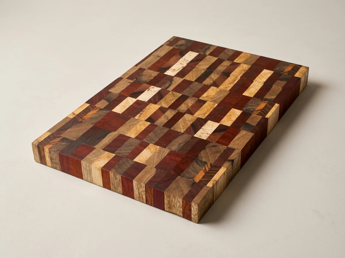 Rectangular multicolored end-grain wood cutting board with geometric patchwork pattern