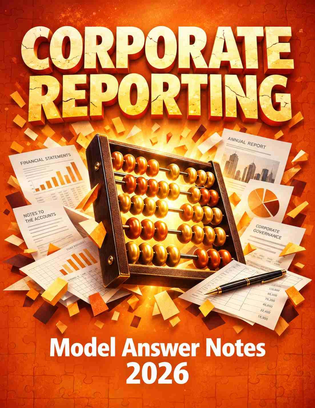 Cover of a financial reporting guide with an abacus, financial charts, and reports, titled 'Corporate Reporting', 'Model Answer Notes 2026'.