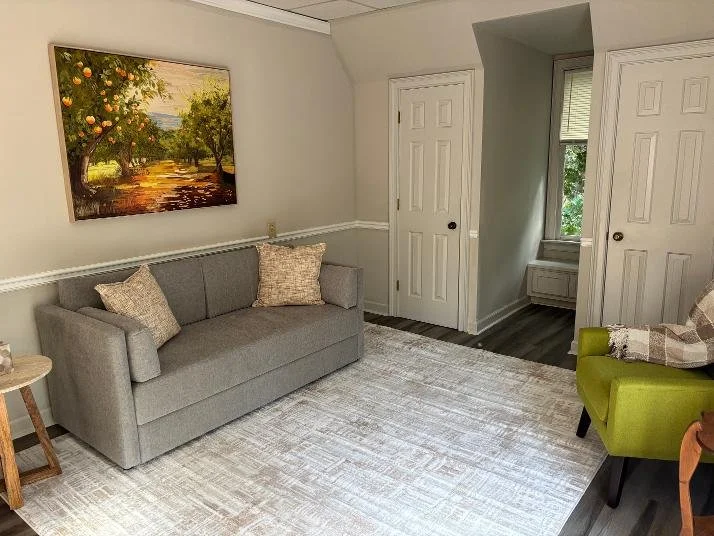A living room with a gray sofa, two beige throw pillows, a small wooden side table, a large black and white textured area rug, a lime green armchair with a plaid blanket, a white wainscoting wall, a painting of a landscape with trees and a path, a closed door, a window with a white window seat underneath, and hardwood flooring.